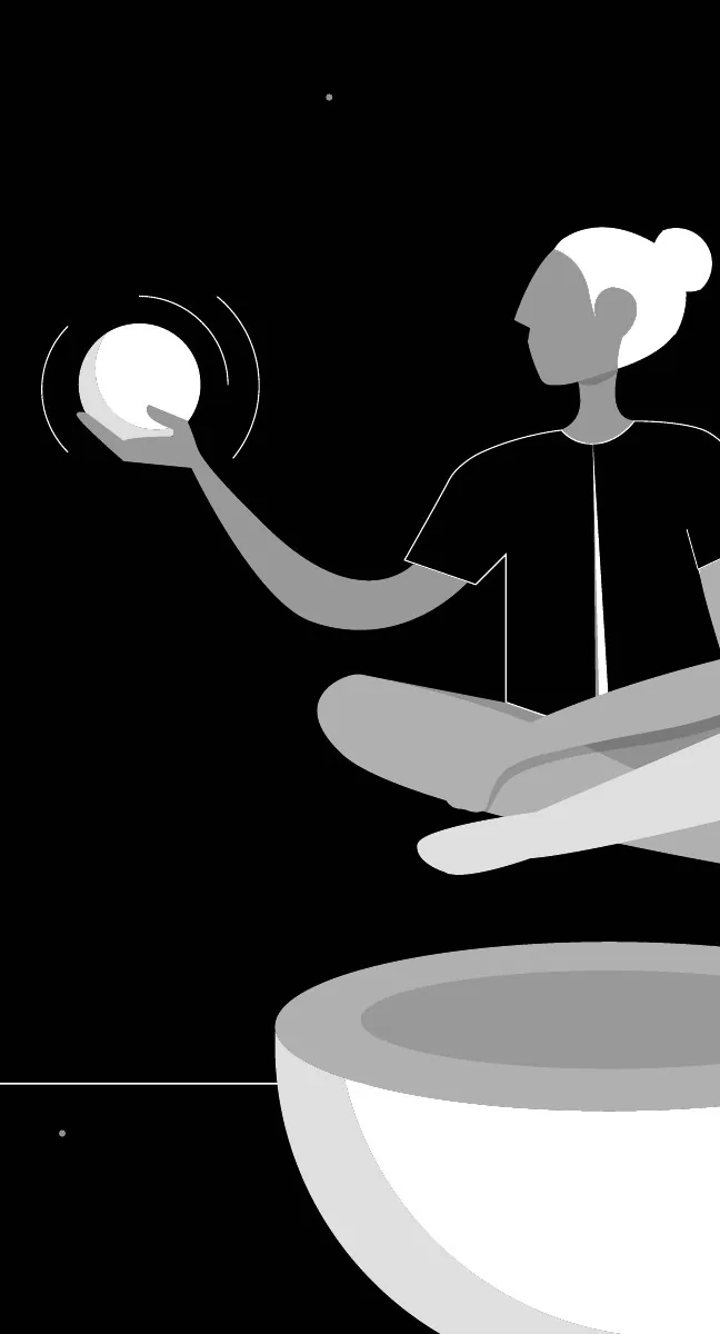 Illustration of a woman holding a glowing orb, seated in a bowl