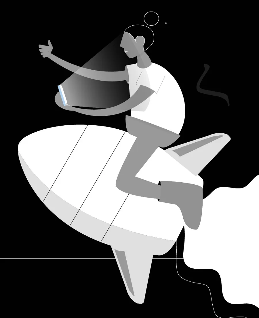 Illustration of a woman riding a rocket